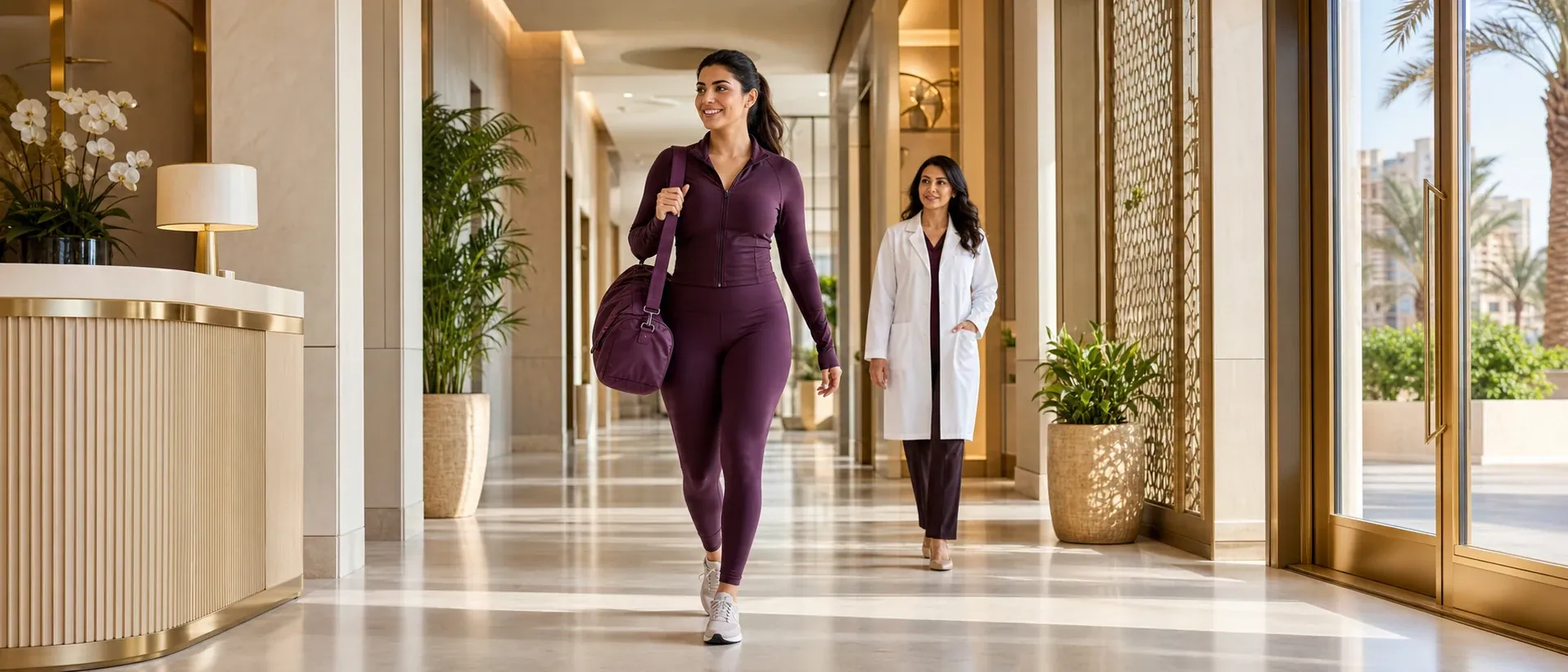 A woman walking into a calm, light-filled clinic reception with a clinician a few steps behind her