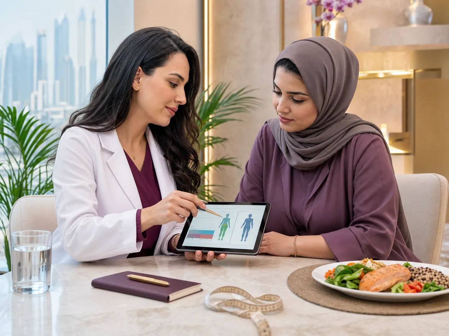A clinician and a patient reviewing measurements and a care plan together