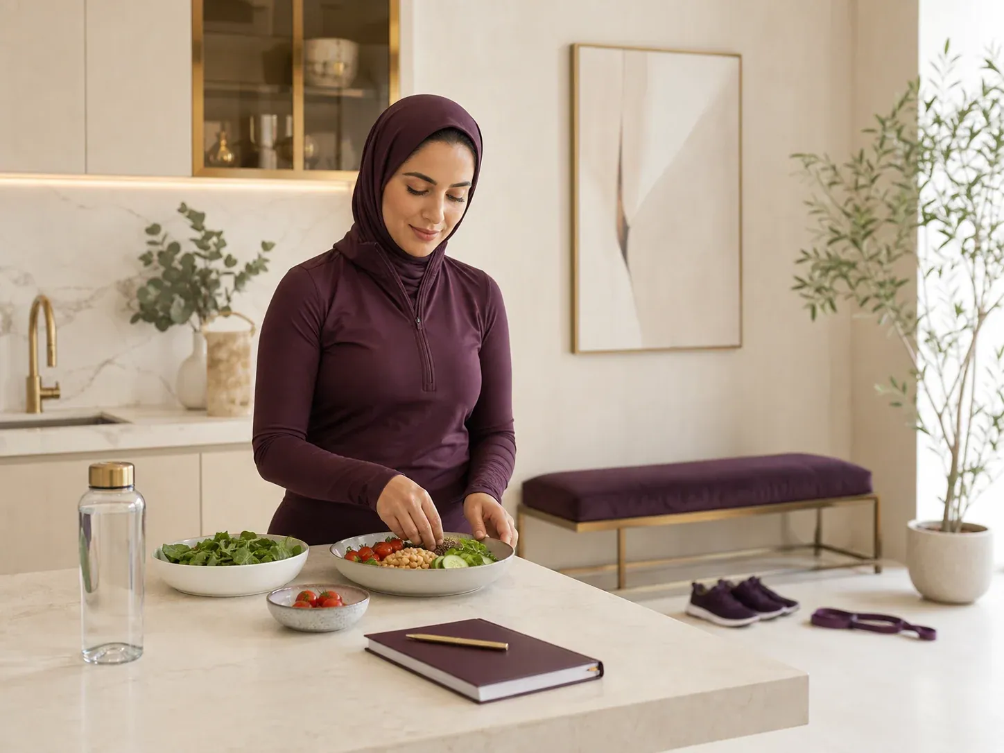 A balanced meal being prepared at home beside a planner, water and walking shoes